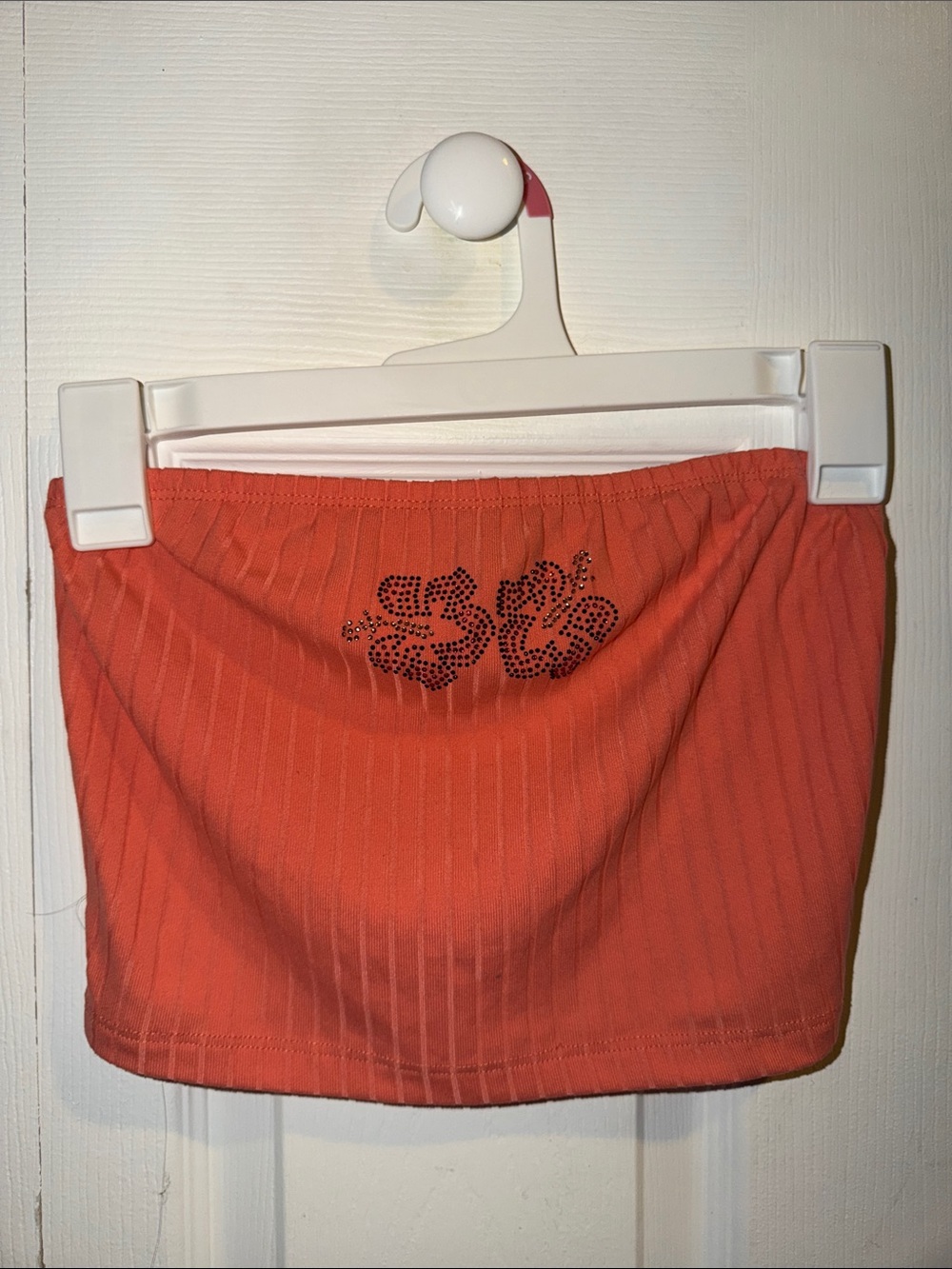 Ribbed Orange Tube Top with Rhinestone Floral Accent